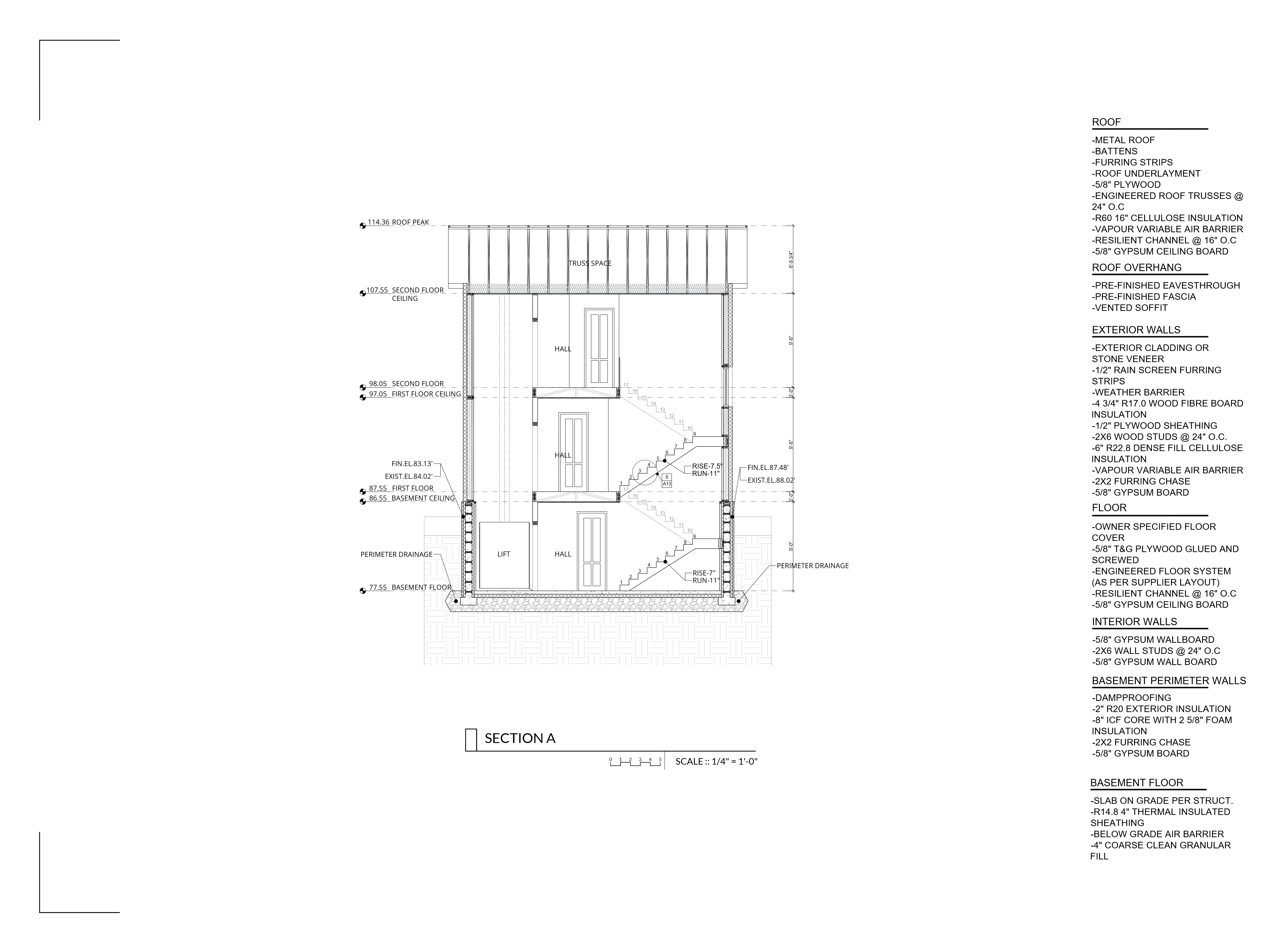 Building section — ICF foundation & high-performance wall/roof assembly