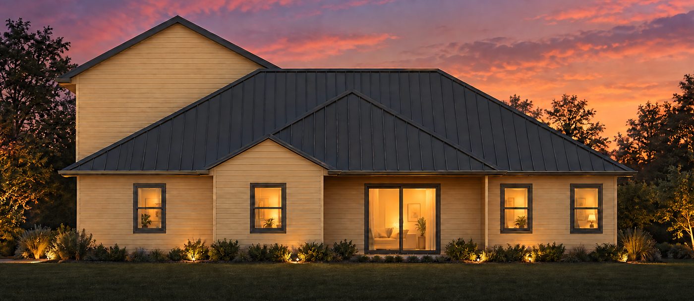 Photorealistic dusk render of the house, made by DraftWorks